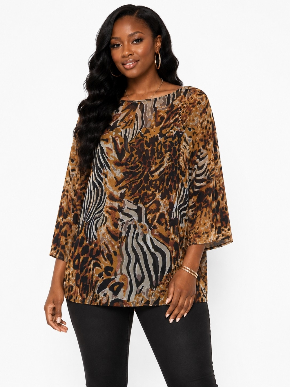 Animal Print Tunic Blouse | Leopard Zebra Mixed Print 3/4 Sleeve Top